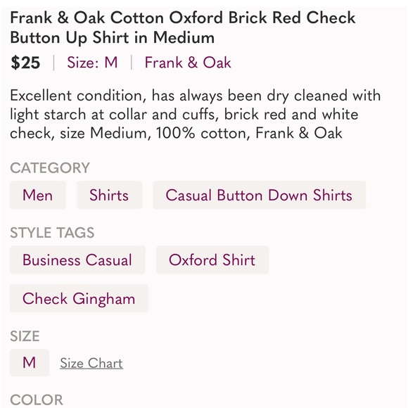 Frank & Oak Cotton Oxford Brick Red Check Button Up Shirt in Medium - Picture 9 of 9